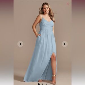 David's Bridal Dusty Blue Spaghetti Strap Maxi with Side Slit